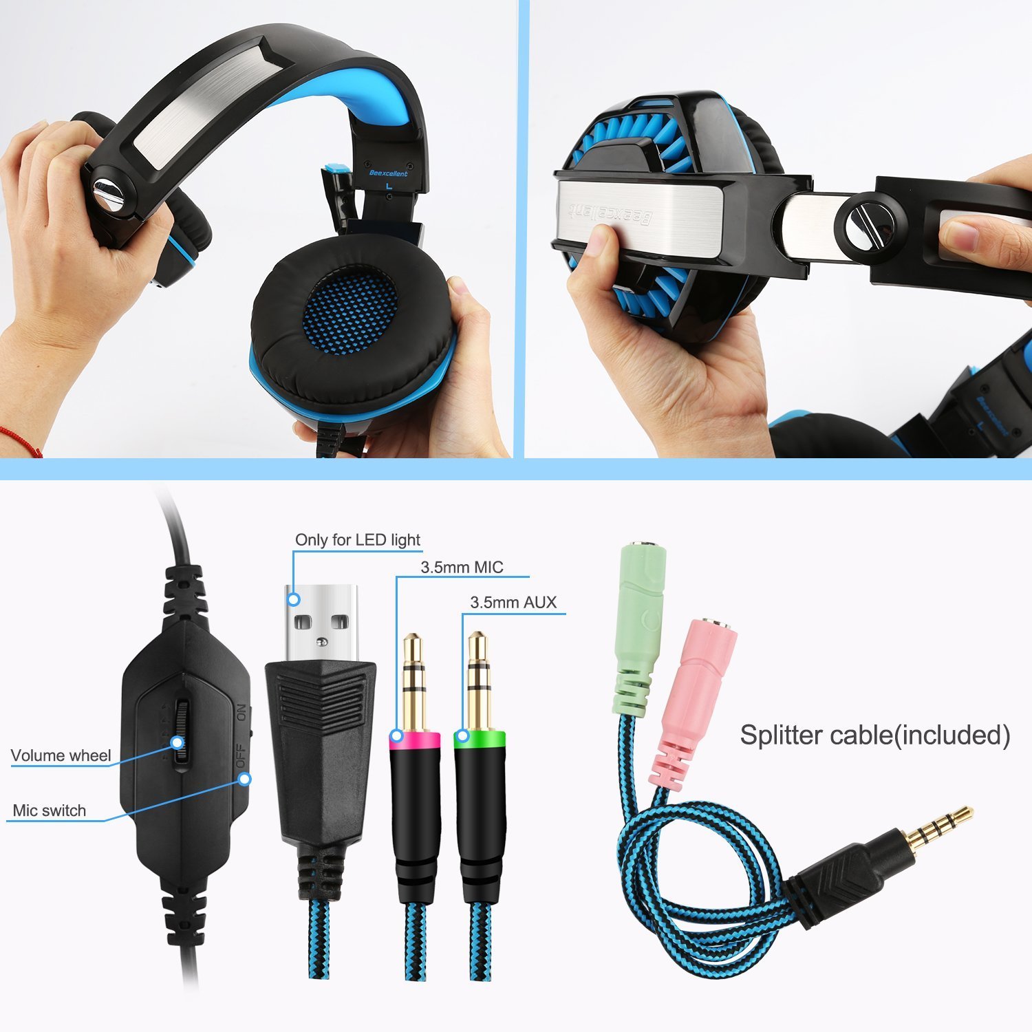 Beexcellent Casque Gaming pour PS4 3,5 mm Stéréo Gaming Headset écouteur LED Lumière Headphones avec Mic pour PS4 PC Téléphones Mobiles (Bleu)