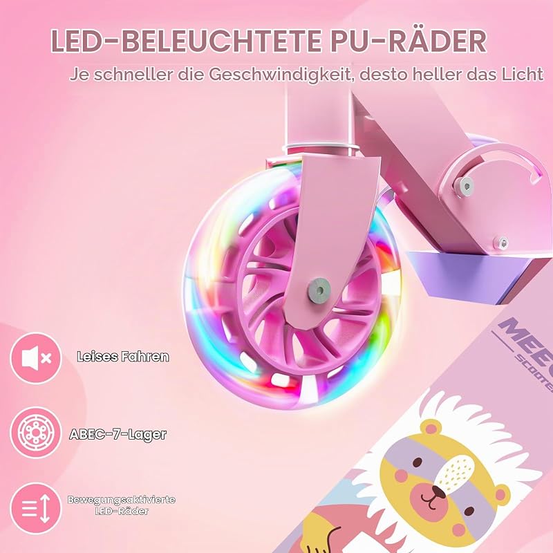 Roller Kinder ab 3 Jahre, 2 Räder Klappbar Scooter,3 Höhenverstellbare Kinderroller,Led-räder Kinderscooter für Mädchen Jungen (rosa)