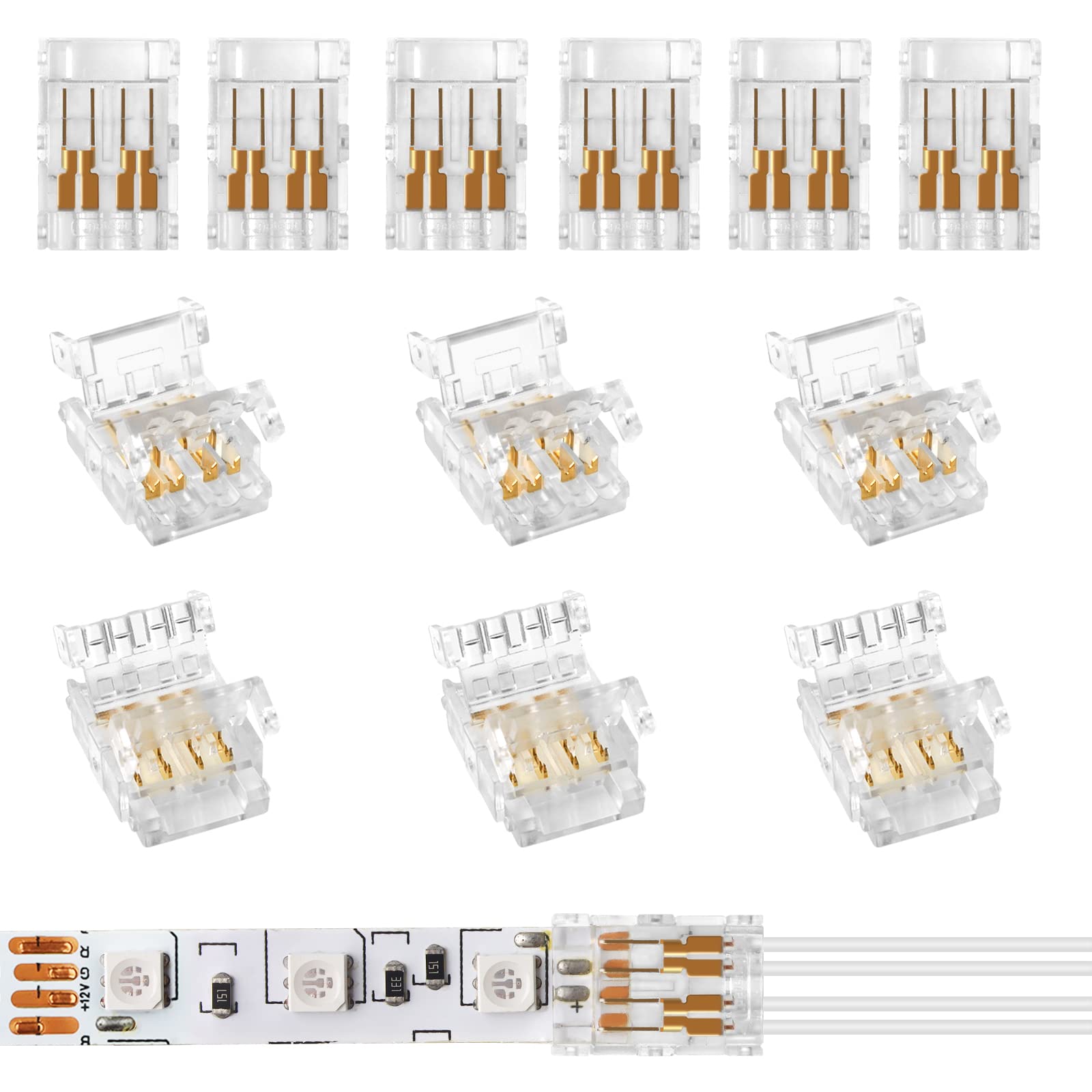 VIPMOON 12-Pack 4 Pin LED Light Strip Connectors for 10mm Wide Waterproof or Non-Waterproof RGB/SMD/COB LED Strip Light, 0-36V 5A