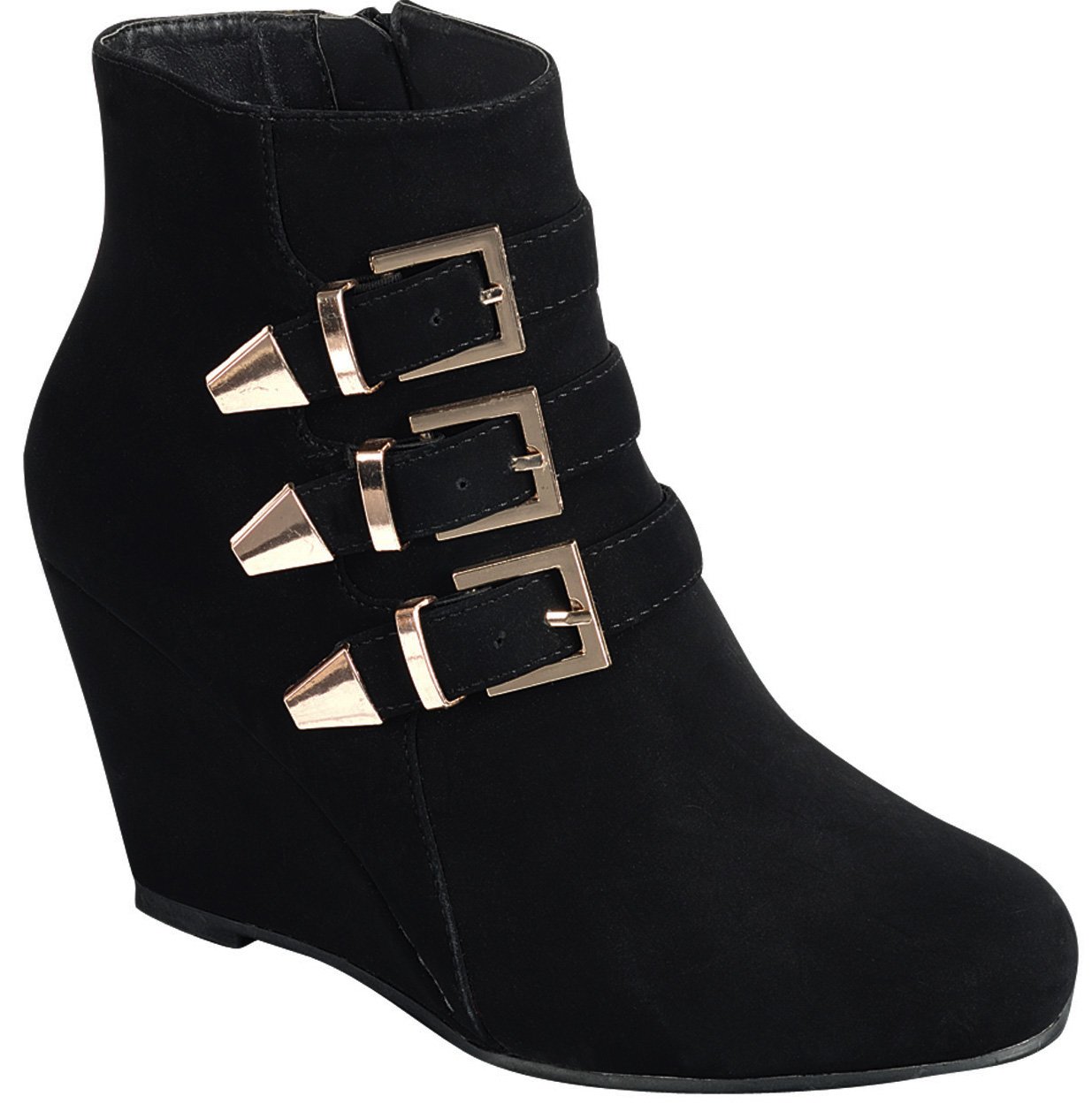 Forever Link Women's Triple Strap Buckle Zipper Wrapped Wedge Ankle Bootie (10 B(M) US, Black) - Image 3