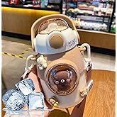 LEJN 28 oz Water Bottle Kawaii with Adjustable Shoulder Strap for Summer Cold Water Chill Portable Leakproof BPA-free Cartoon Children Cup Traveling Hiking Camping (Brown820ml)