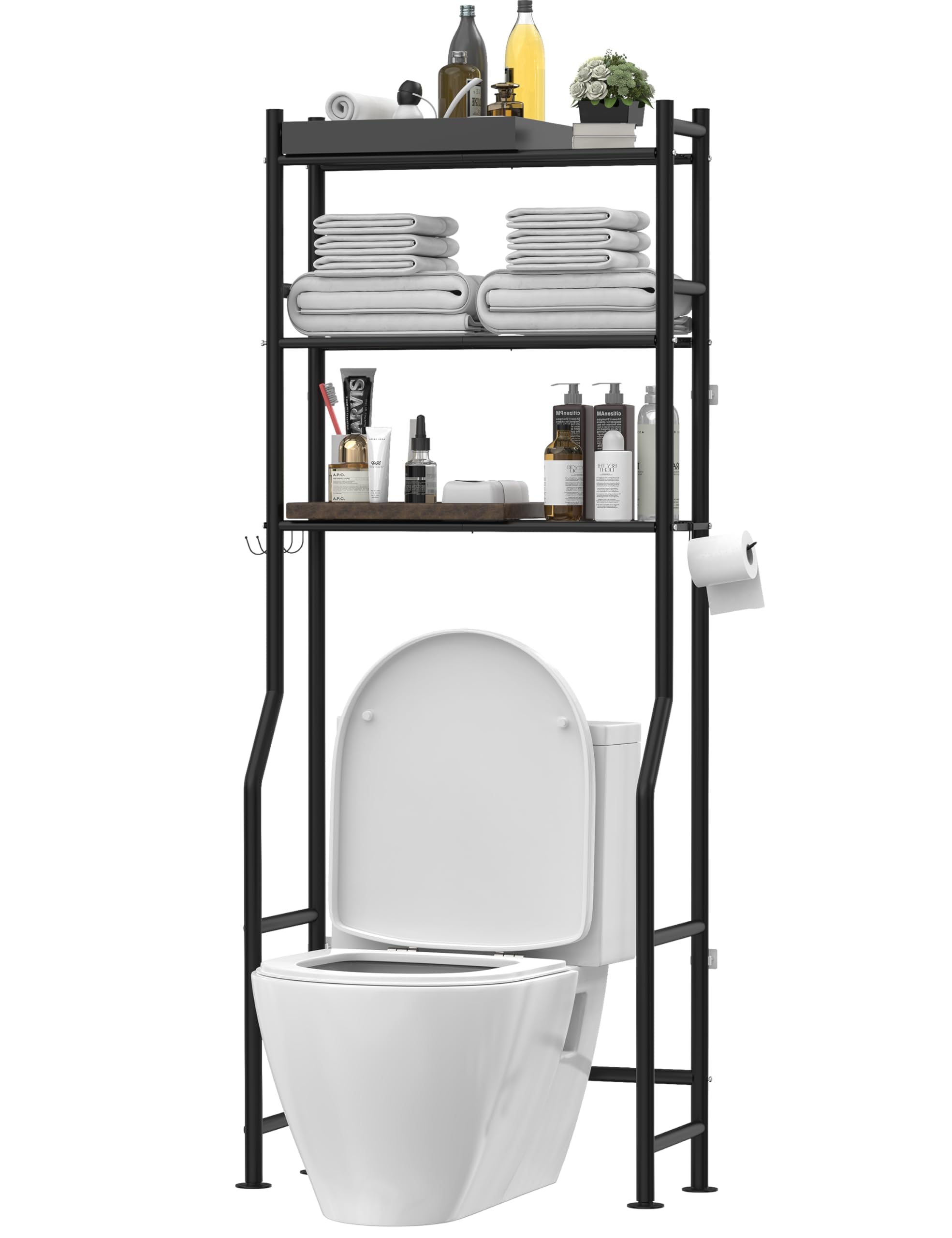 Livilord 3-Tier Over The Toilet Storage, Freestanding Metal Bathroom Shelves with 4 Hooks, Over Toilet Storage Shelf with Paper Holder, Above The Toilet Shelf for Bathroom Storage, Black Image