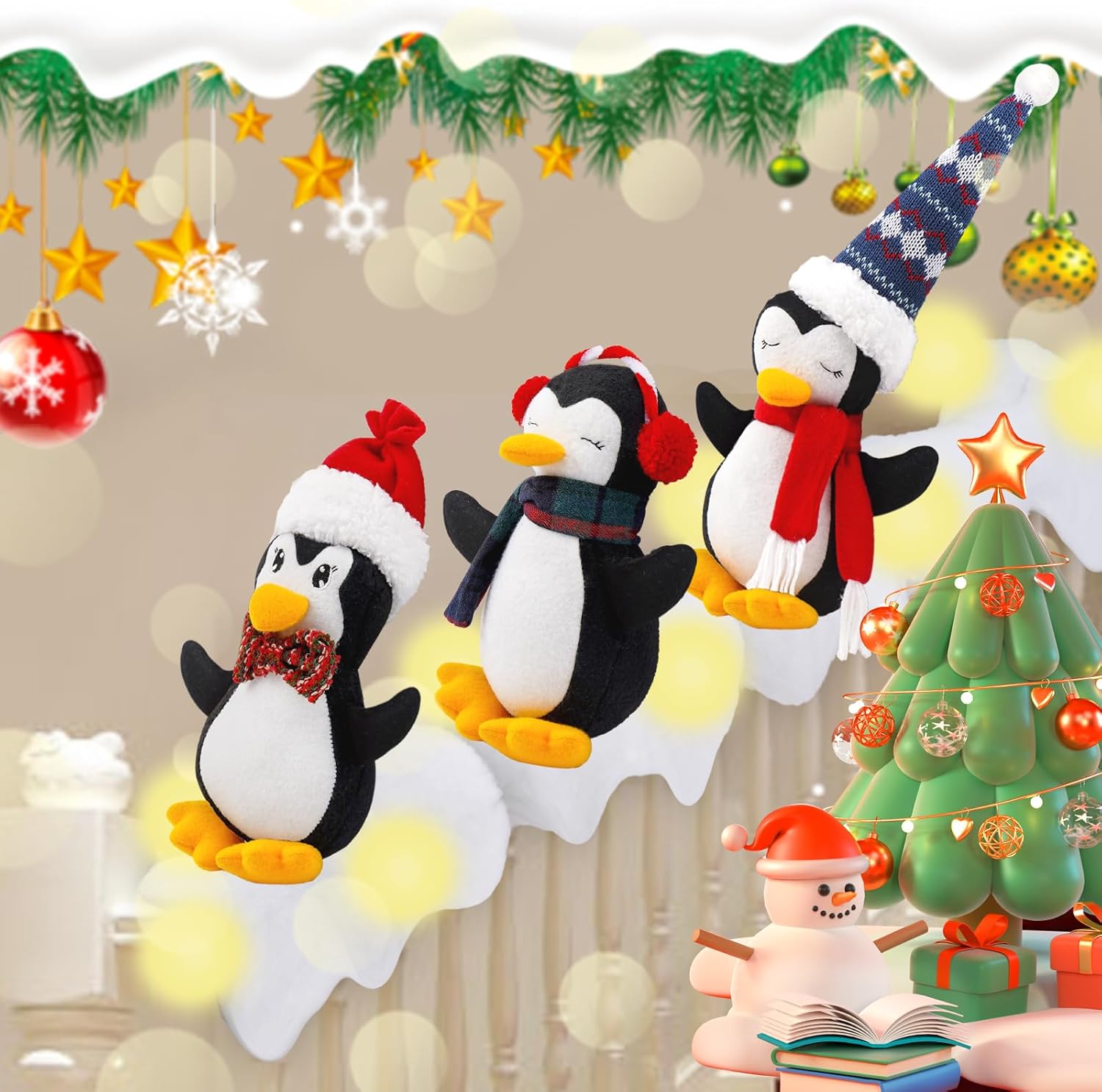 Artificial Snow - Lighted Christmas Stairs Decorations Railing Banister Set Christmas Garland for Stairs Sliding Stuffed Penguins Banister on Snow Handrail for Christmas Staircase Decoration Holiday Snow Surfing Set