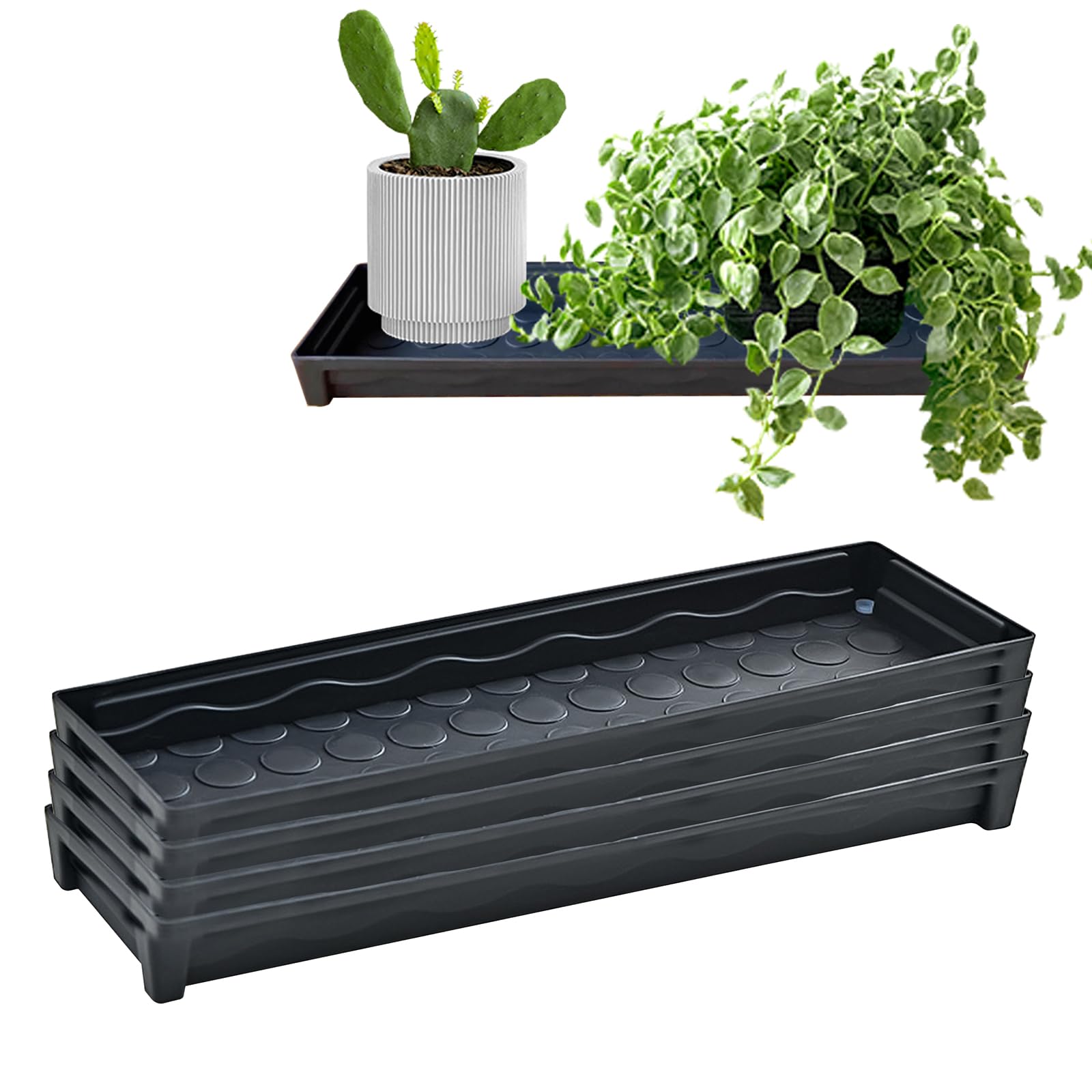 Photo 1 of Hiyoo 5 PCS Plastic Plant Growing Trays, Rectangular Plant Drainage Stand for Indoors Outdoor Windowsill, Drip Trays for Flower Potted Plants, Black Plant Trays 16 x 4.5 x 1.6 Inch