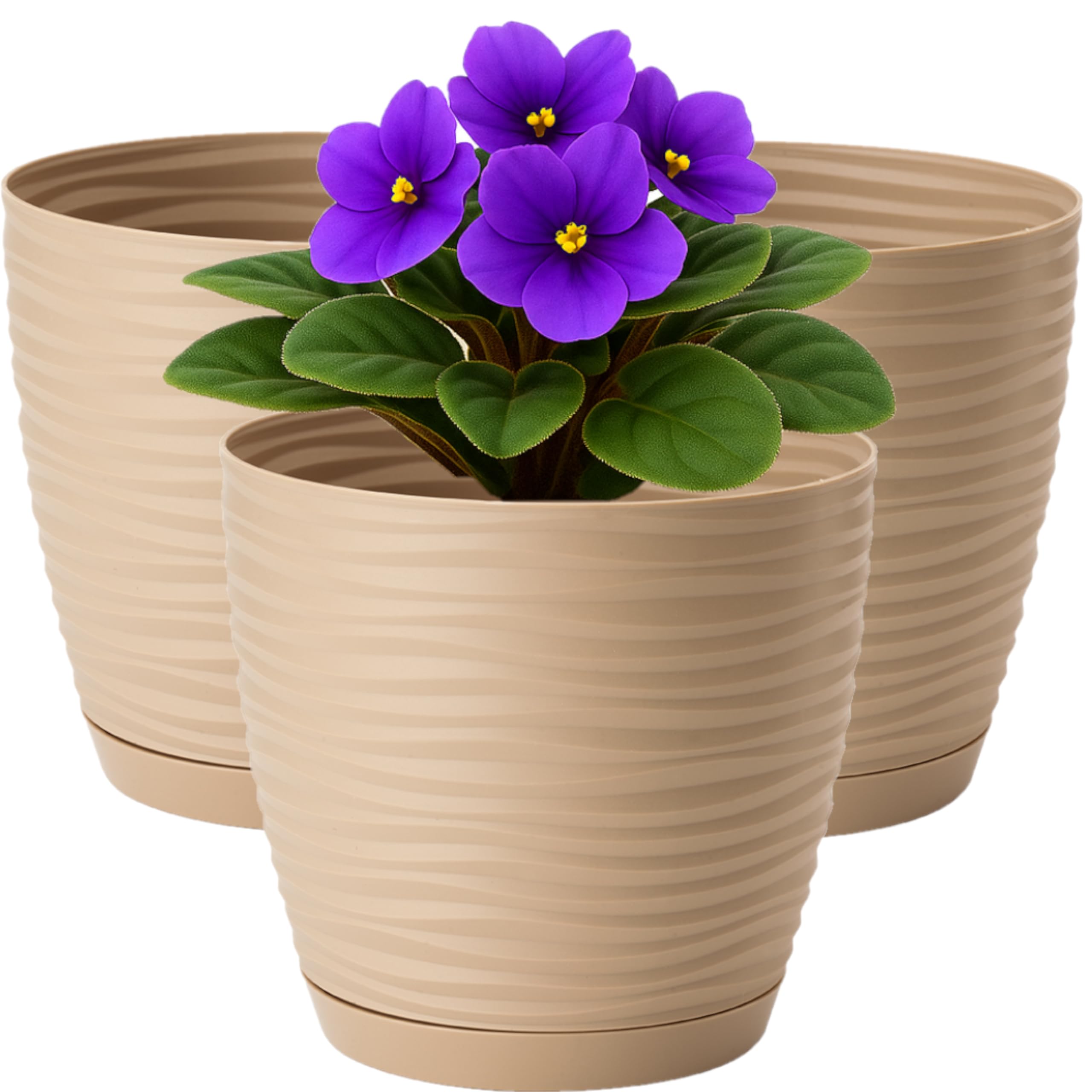 Home Garden Ornaments Wave Plant Pots Indoor, Set of 3 Indoor Plant Pot with 3D Effect, Drainage Holes, and Integrated Saucer, Plastic Flower Pots (Diameter: 11cm, Colour: Taupe)