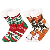 LOAVER Christmas Fuzzy Slipper Socks for Women,2 Pairs Anti Slip Fluffy Slipper Socks with Grippers for Chritsmas Holiday Gifts Party Home Decor