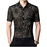 Yonititeee Mens Pattern Short Sleeve Shirts Button Down Slim Fit