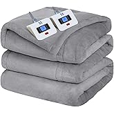 Sealy Electric Blanket Queen Size, Flannel Heated Blanket with 10 Heating Levels & 1-12 Hours Auto Shut Off, Machine Washable, Light Grey, 84 x 90 Inch