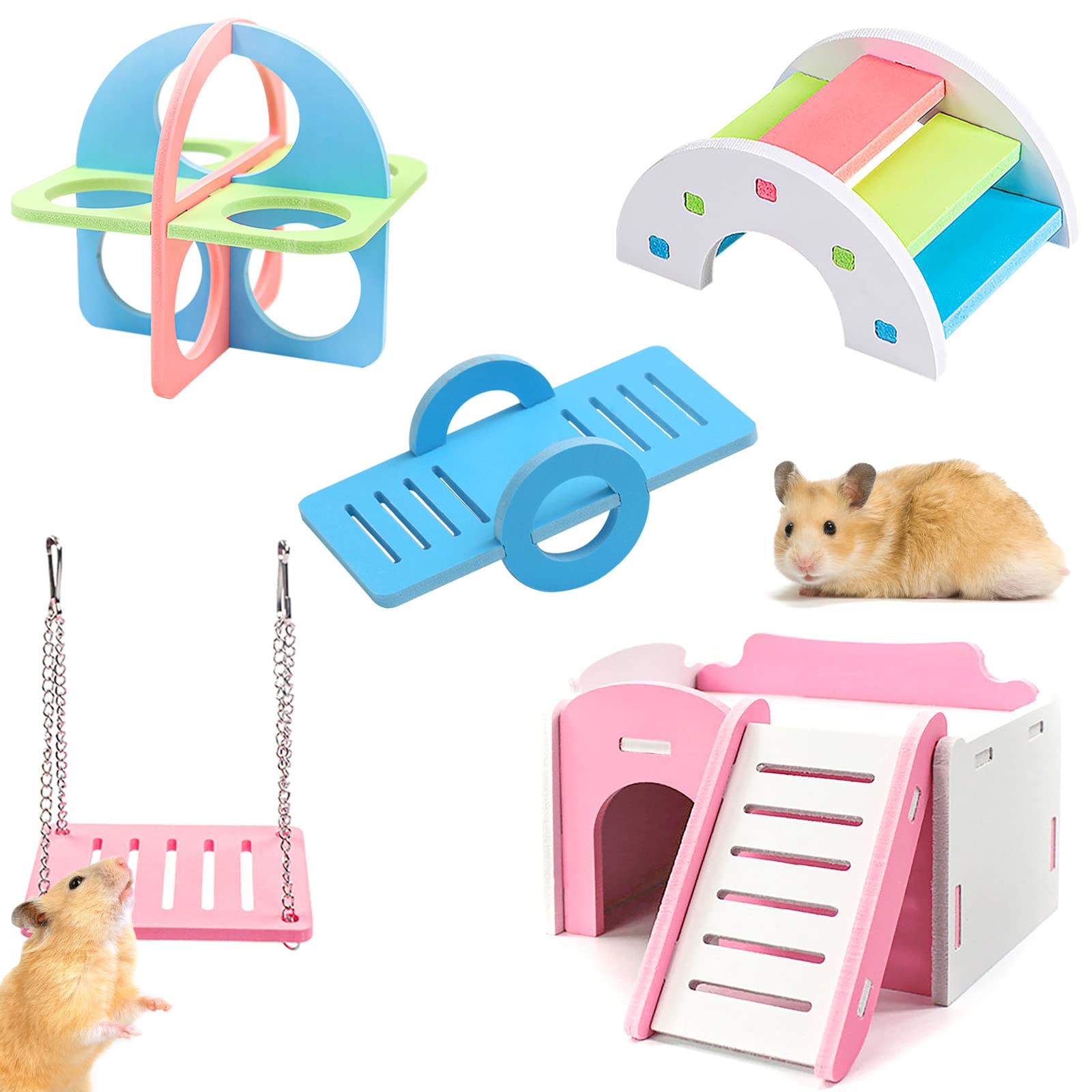 Cisolen 5 Pieces Hamsters Toys Hamster House Rainbow Bridge Training Toy Cage Seesaw Swing Hamster Cage Accessories Playground for Hamsters Rats Gerbils Small Animals
