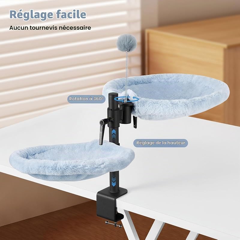 Lit de Bureau pour Chat - Rotation à 360° réglable en Hauteur - Hamac pour Chat d'intérieur avec Maille et Tissus lavables en Peluche (Blanc)