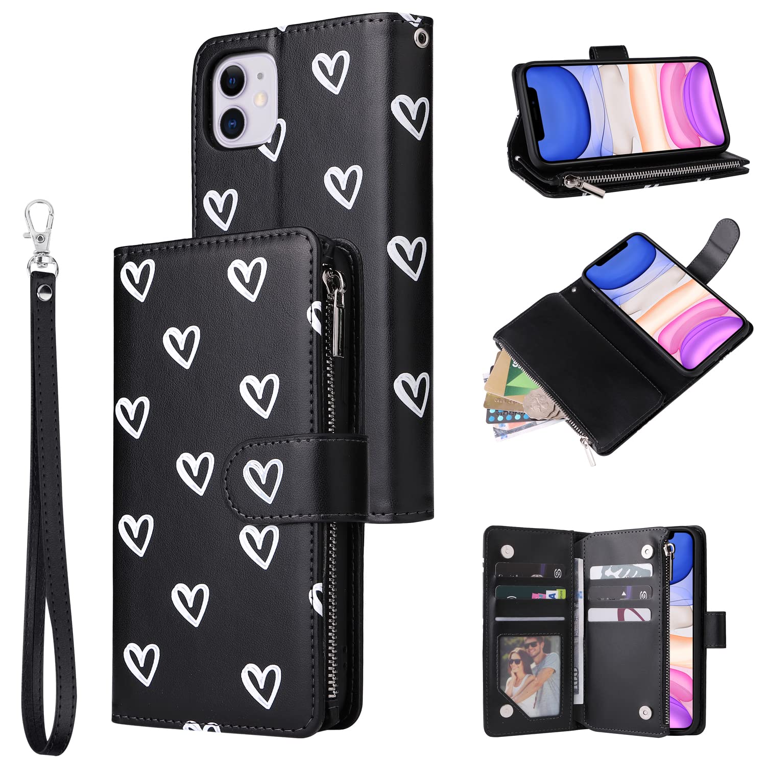 UEEBAI Wallet Case for iPhone 12/iPhone 12 Pro 6.1 inch, Premium Vintage PU Leather Magnetic Handbag Zipper Pocket Case Kickstand Card Holder Slots with Wrist Strap TPU Shockproof Flip Cover - Black