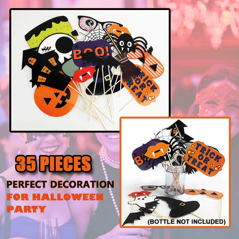 PUSITI Pre-assembled Halloween Photo Booth Props 35 Pieces Party Favors Decorations Halloween Props Pumpkin Ghost Lips Skull Glasses Wizard Hat Spider Mask Pose Sign Kit Funny Halloween Photo Booth Props 2020 Version: Toys & Games