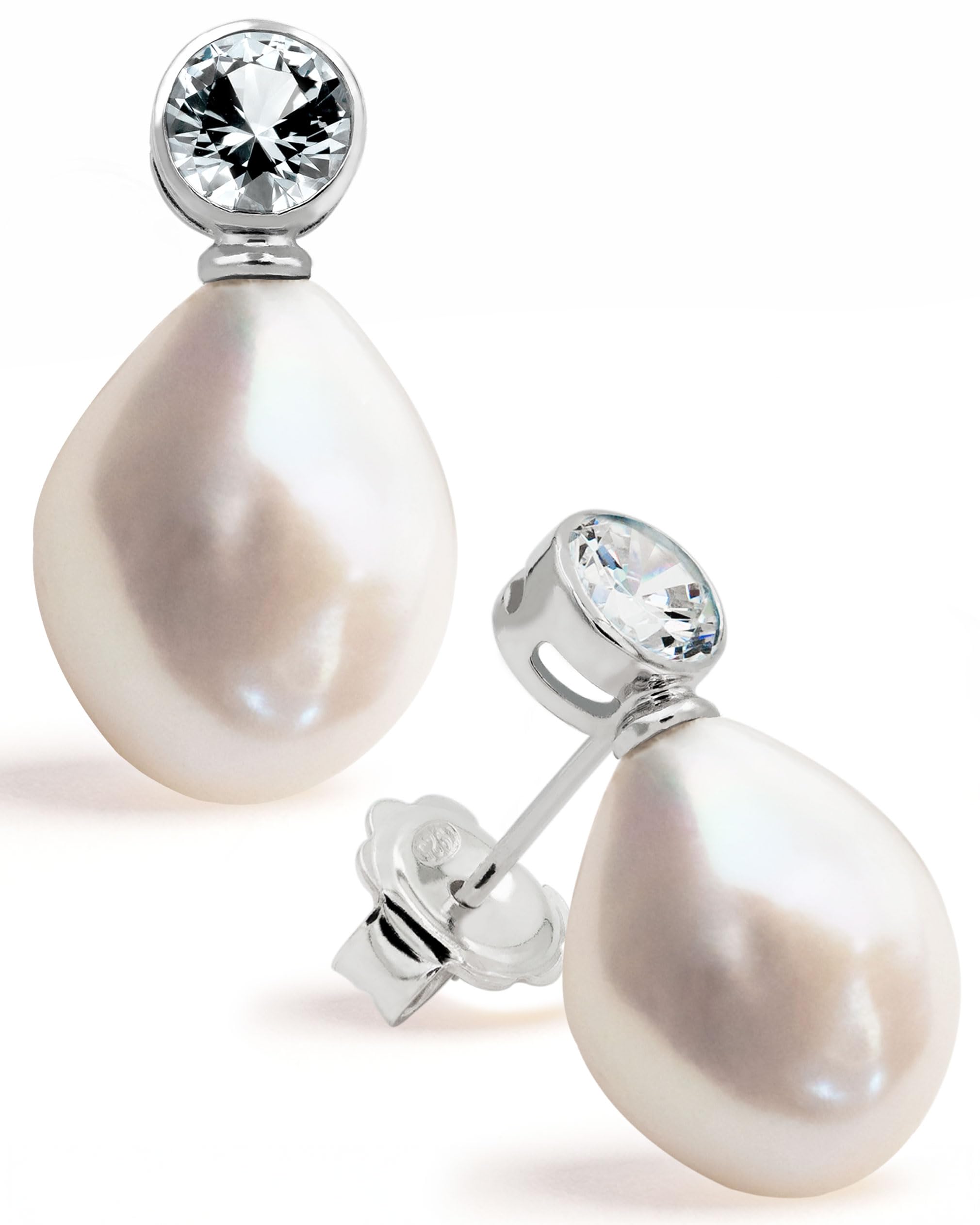 Women Pearl Earrings Freshwater Cultured Pearls Baroque Shape 12 to 13 mm with Large Zirconia Stone SECRET & YOU | Sterling Silver Earrings with Big Butterfly Backs.