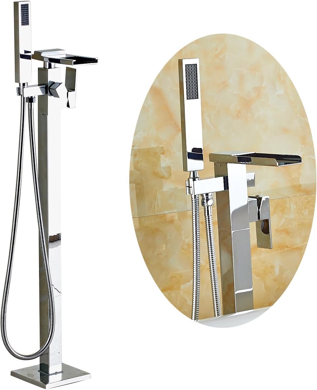 Rozin Floor Standing Waterfall Bathtub Faucet with Handheld Shower Chrome Finish