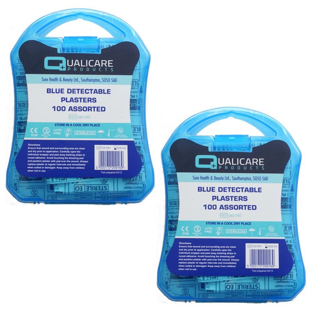 2 Boxes of 100 Assorted Blue Metal Detectable Catering Kitchen Washproof Plaster