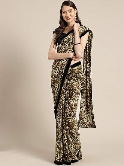 crepe with Blouse Piece Saree (FSP771_ Beige & Brown_ Onesize)