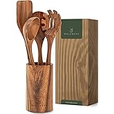 WALDWERK Wooden Spoons for Cooking – 4-Piece Kitchen Utensils Set with Teak Wood Spoons, Spatula, Pasta Server & Holder – Wooden Utensil Set – Cooking Utensils – Utensil Sets - Non Toxic