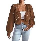 SHENHE Women's Pearl Beaded Open Front Cardigan Oversize V Neck Drop Shoulder Cropped Sweater