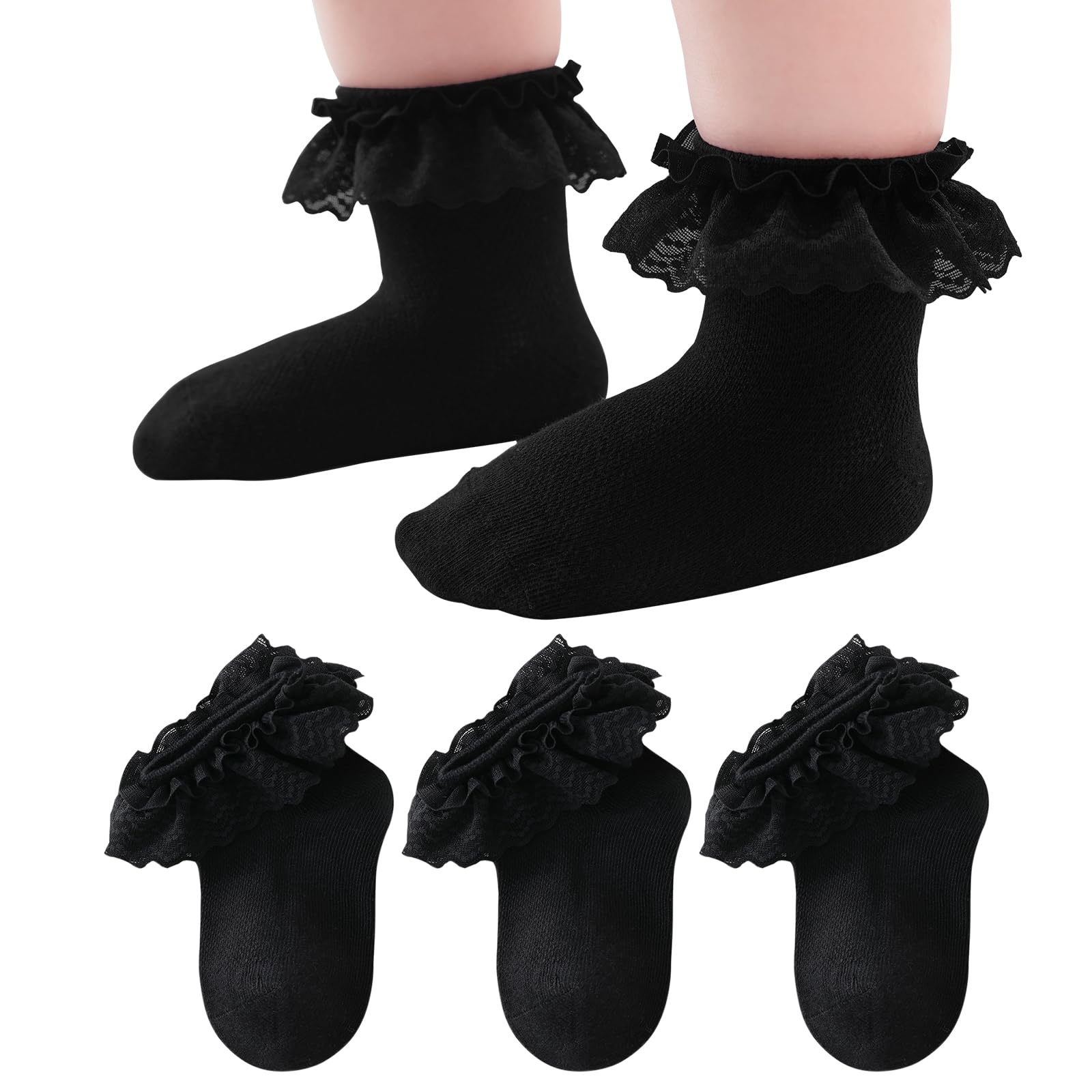 Photo 1 of Mini angel Baby Lace Socks Toddler Eyelet Frilly Socks 6-12 Months Girls Ruffle Sock 3 Pairs (Black,S)
