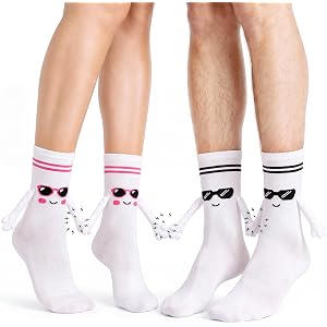 TUZELIYA 2 Pairs Magnetic Holding Hands Cotton Socks for Women Men Couples | Cute Novelty Crew Socks for Her His, Birthday Gi