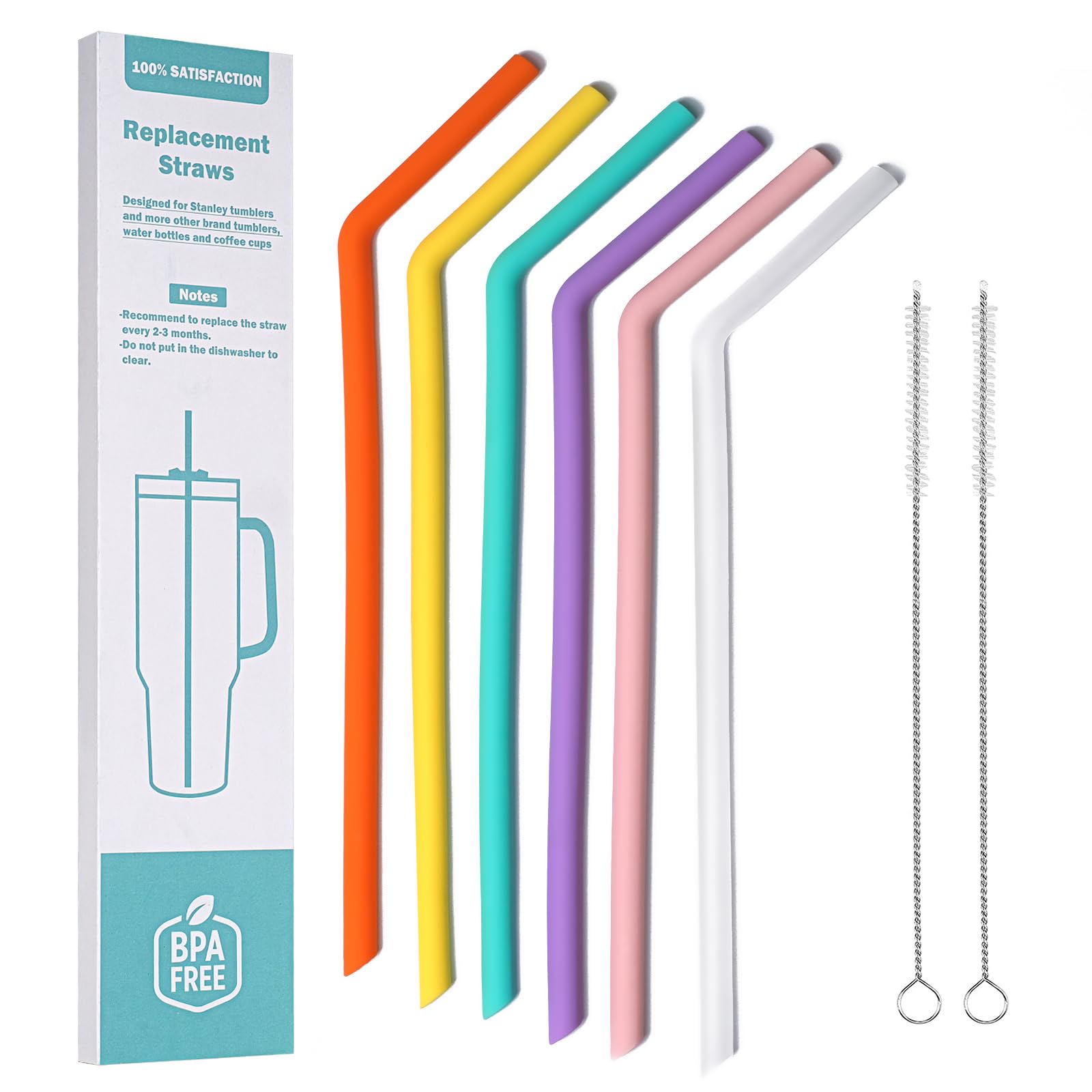 WK ieason Replacement Silicone Straws Reusable Bendy Drinking Starws Compatible with Stanley 20-40oz Tumblers and Other Brands with 2 Straw Brushes, Color Non Toxic Straws for Toddler and Kids