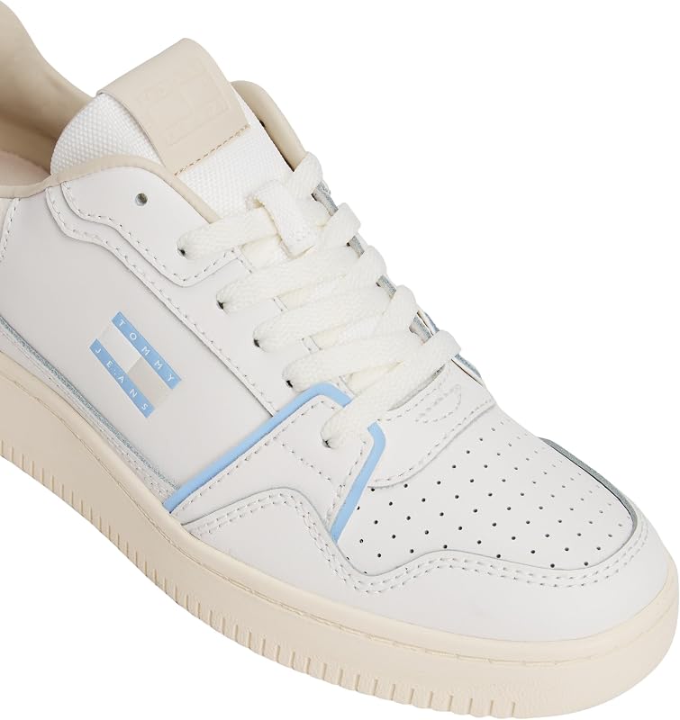 Cupsole Sneaker Mujer Retro Basket Low Top, Blanco (Ecru/Light Blue), 42
