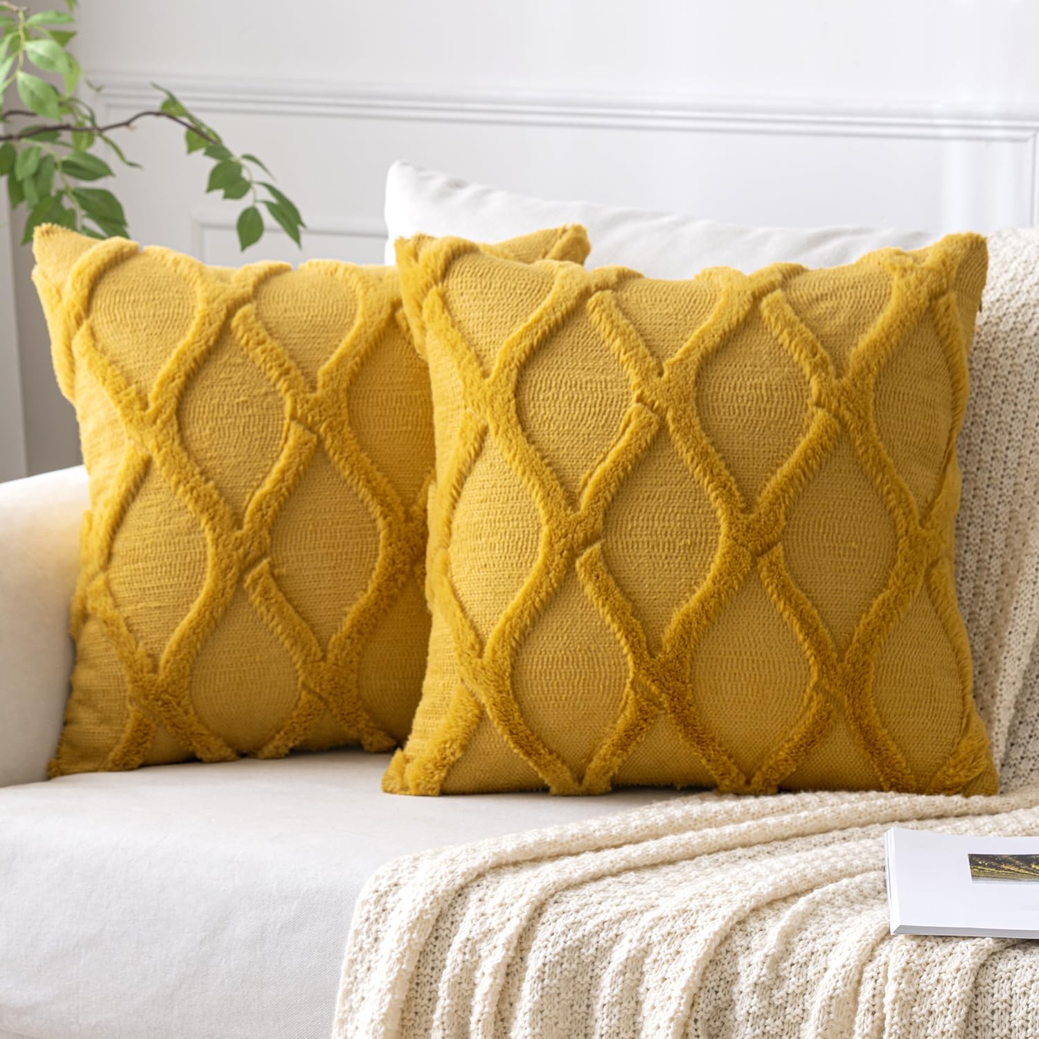 Photo 1 of MIULEE Spring Decorative Throw Pillow Covers Mustard Yellow 20x20 Inch Set of 2, Soft Plush Faux Wool Couch Cushion Covers Farmhouse Throw Pillows for Couch Bed Sofa Living Room