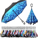 SIEPASA 49/56 Inch Inverted Reverse Upside Down Umbrella, Extra Large Double Canopy Vented Windproof Waterproof Stick Golf Umbrellas with C-shape Handle.