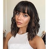 Veally Short Wavy Bob Wigs with Bangs for Women Black Mixed Brown Short Wavy Bob Curly Wig Synthetic Heat Resistant Bob Wig