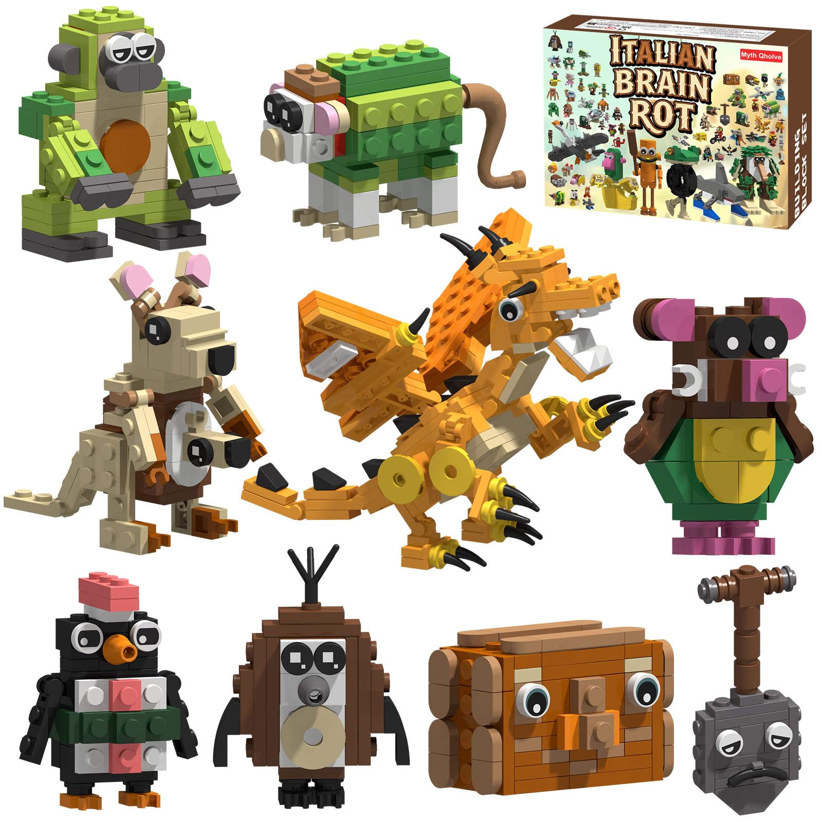 Myth Qholve Italian Brain Rot Unique Cartoon Characters Building Blocks 9 in 1 Educational & Entertaining Gift Idea for Kids Teens & Adults
