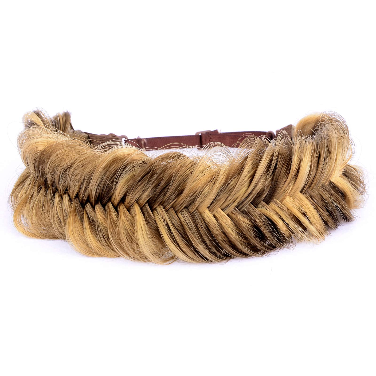 BOBIYA Wide Fishtail Synthetic Hair Braided Headband Classic Chunky Plaited Braids Elastic Stretch Hairband Women Girl (Highlighted Medium Brown)