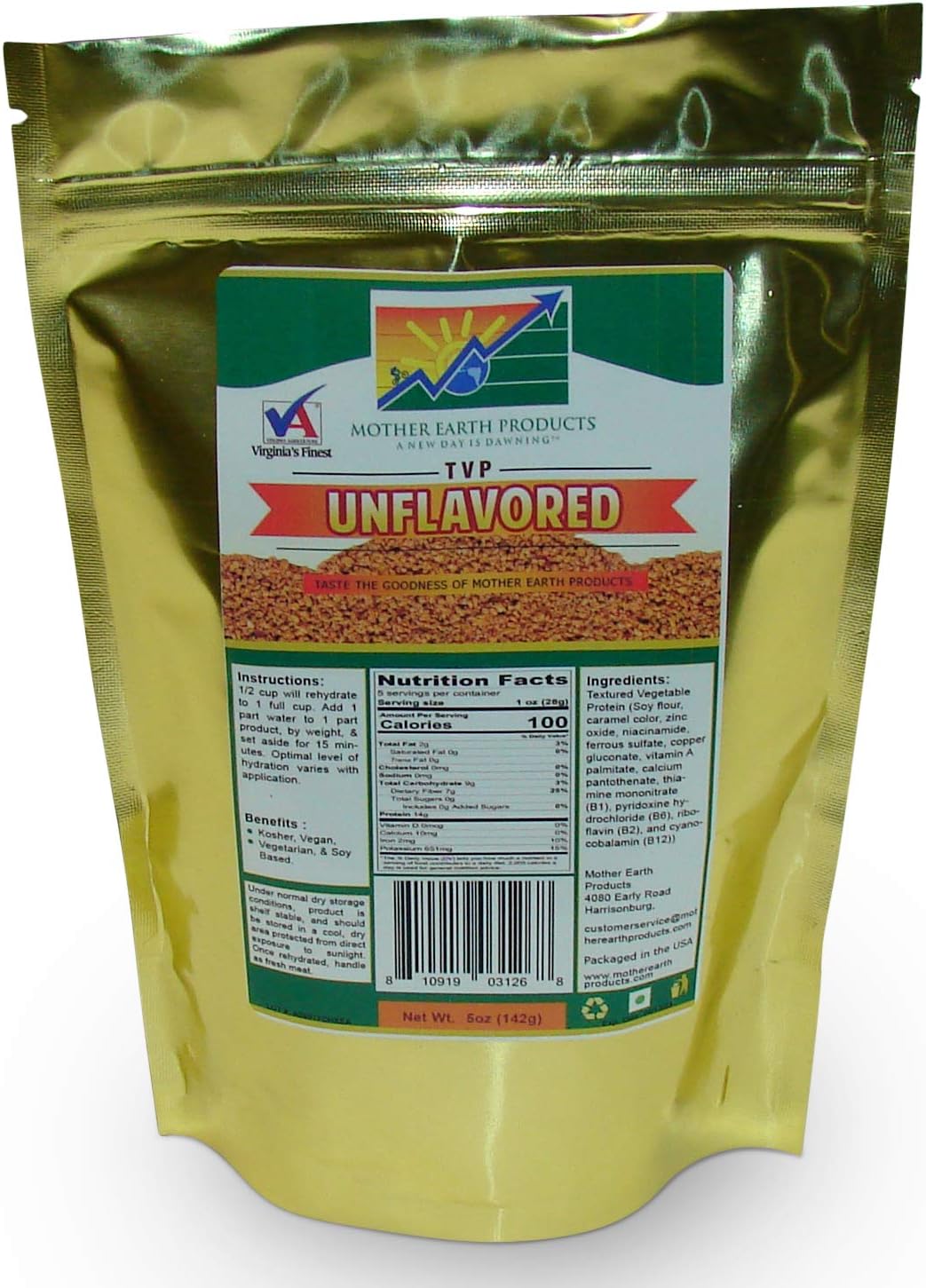 Mother Earth Products Textured Vegetable Protein (TVP) Unflavored/ Plain (2 cup Mylar Bag)