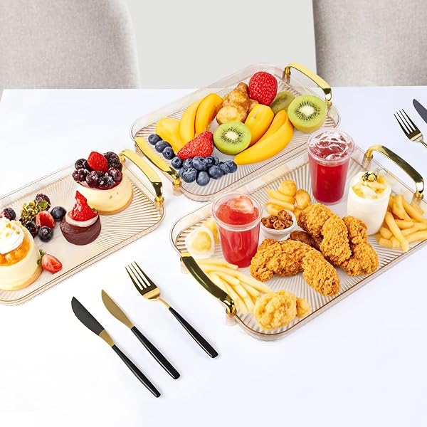 ZUFUDO 3 PACK SERVING TRAY WITH HANDLES, STACKABLE REUSABLE TRAYS FOR SERVING FOOD, PLASTIC SERVING PLATTERS FOR PARTY, CHARCUTERIE, FRUIT, APPETIZER, AMBER GOLD