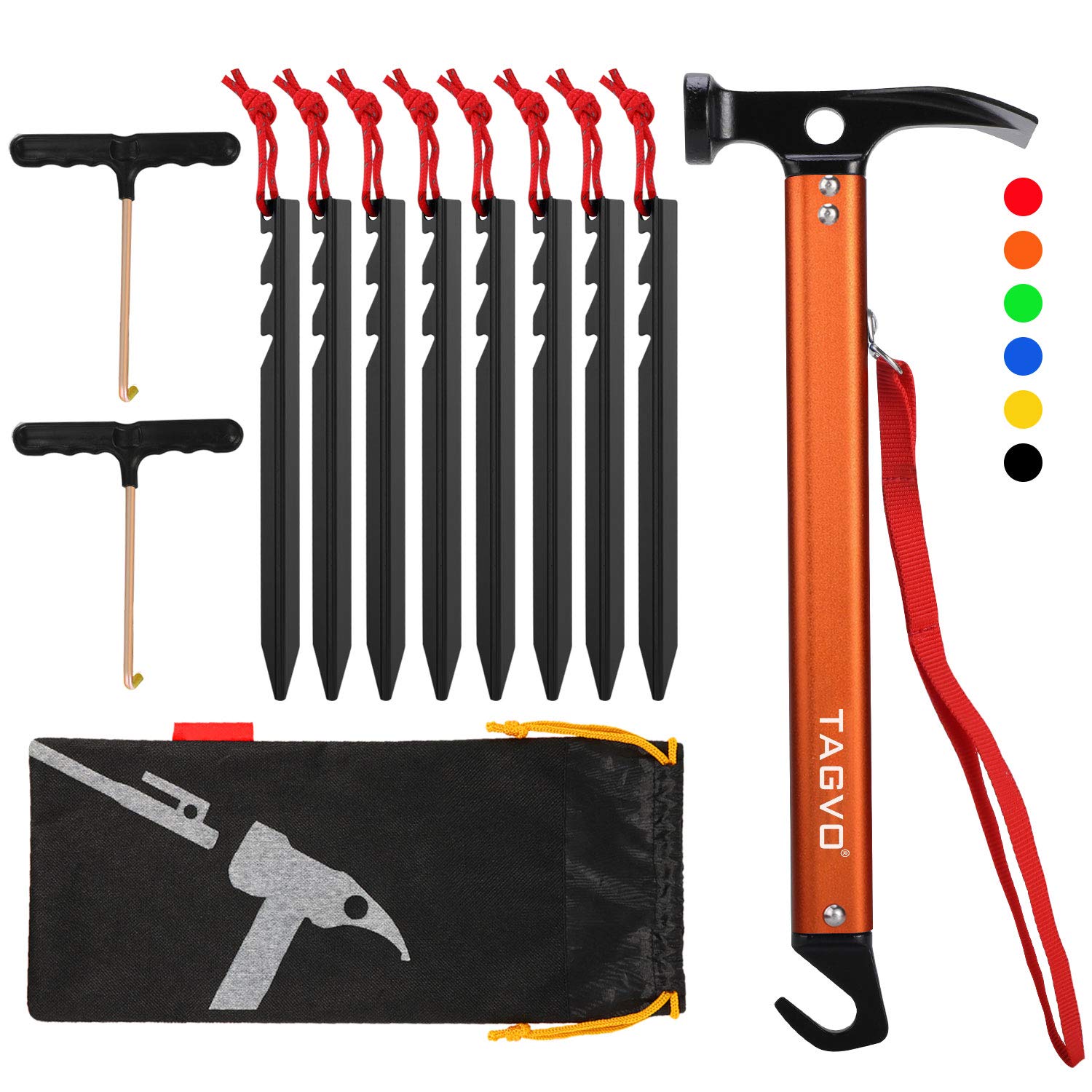 TAGVO Camping Hammer with 8 PCS Aluminum Alloy Tent Pegs and 2 PCS Multifuctional Tent Stakes Puller Set with Storage Bag, Multifunction Aluminum Tent hammer Camping Mallet Portable for Camping