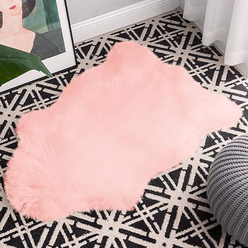 Carvapet Luxury Soft Faux Sheepskin Chair Cover Couch Seat Cushion Fur Pad Plush Area Rugs for Bedroom and Living Room, 2ft x 3ft, Baby Pink