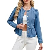 EZAPINE Jean Jacket for Women Peplum Hem Puff Long Sleeve Button Down Collarless Round Neck Denim Jacket Top