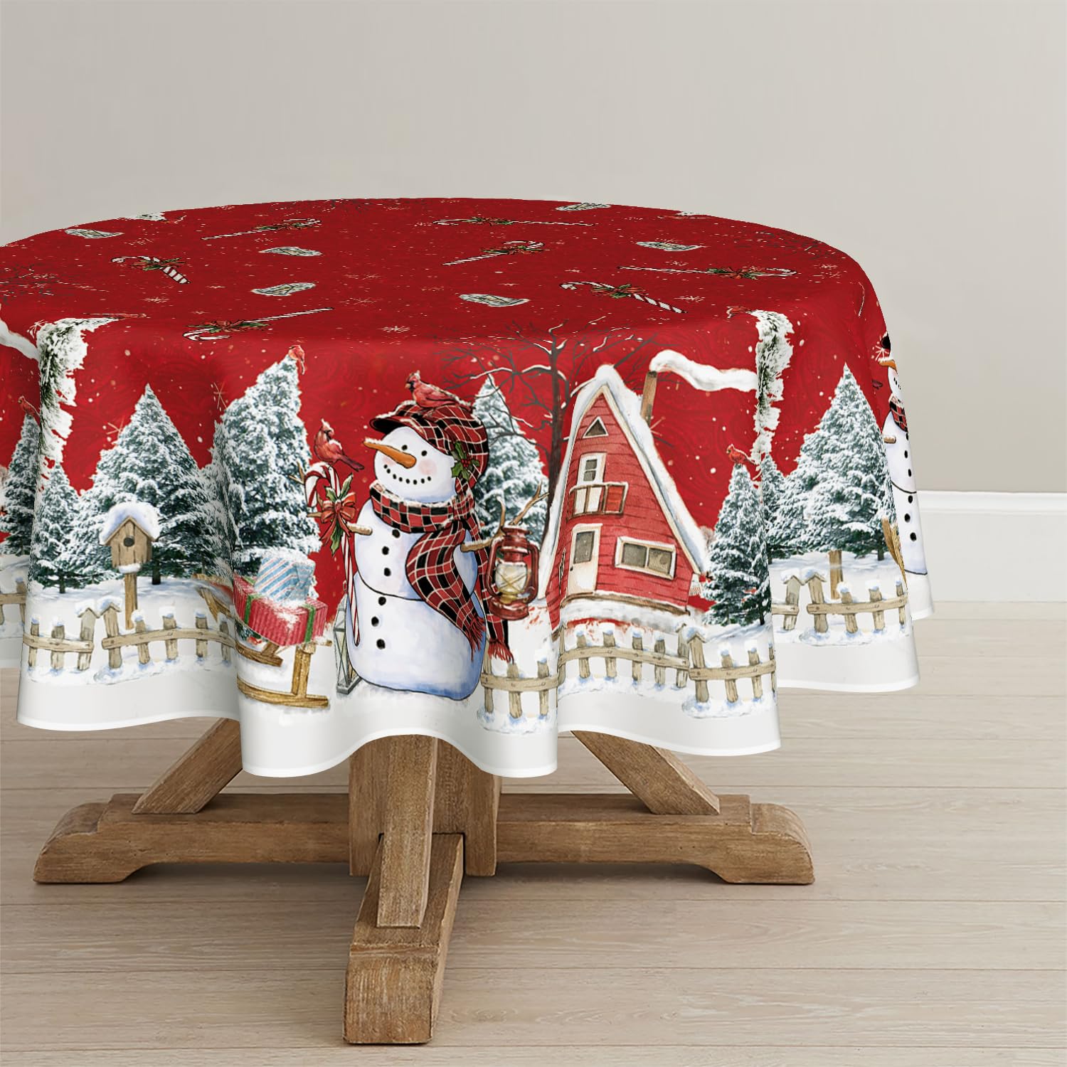 Artoid Mode Red House Trees Snow Snowman Christmas Table Cloth, Round 120 cm Winter Xmas Table Cover Protector For Party Home Table Decorations