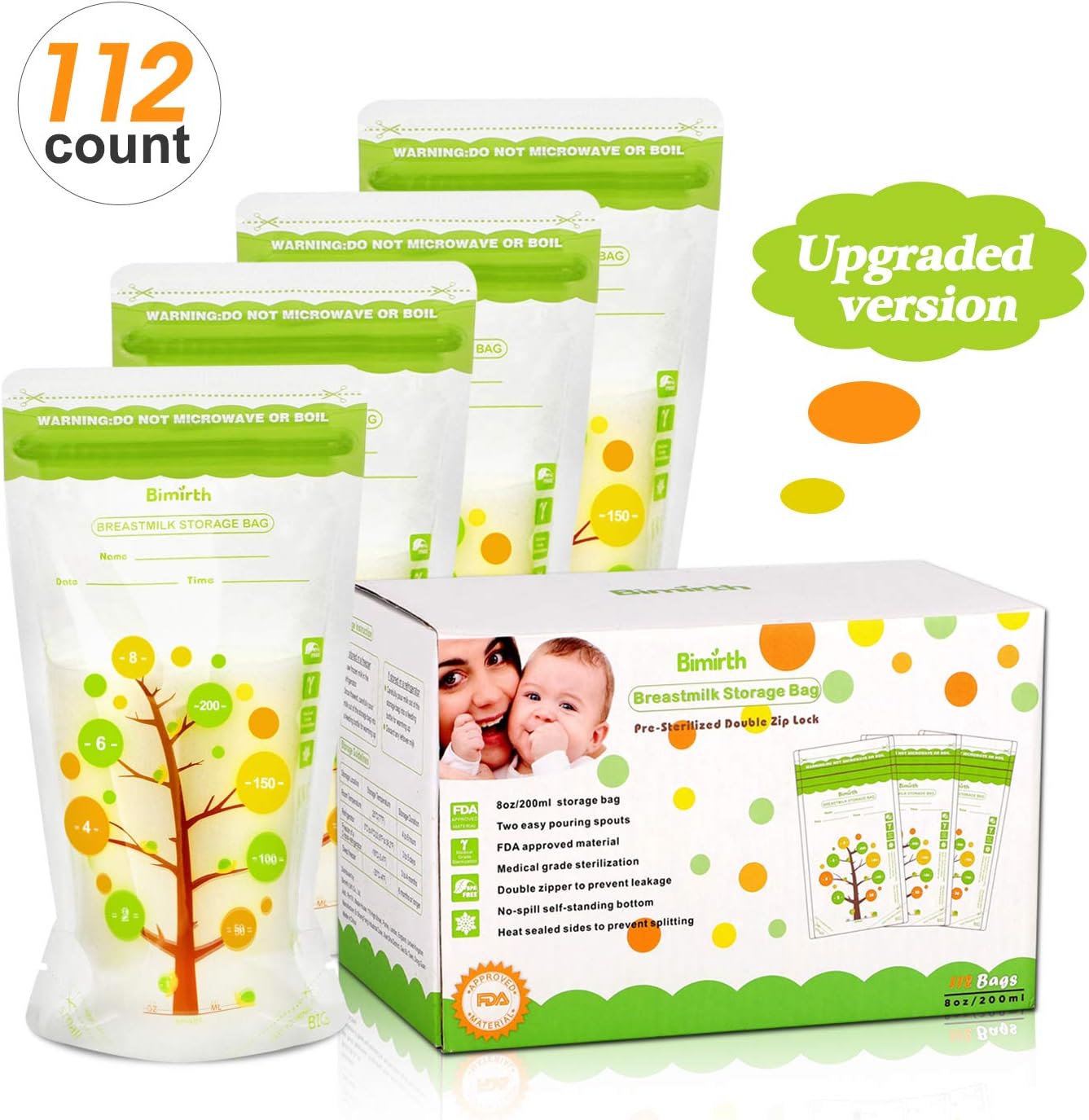Bimirth Breastmilk Storage Bags, 112 Count BPA Free Convenient Milk Storage Bags for Breastfeeding, Pre-Sterilized, 8oz/235ml, 2 Easy Pouring Spouts & Self-Standing Design