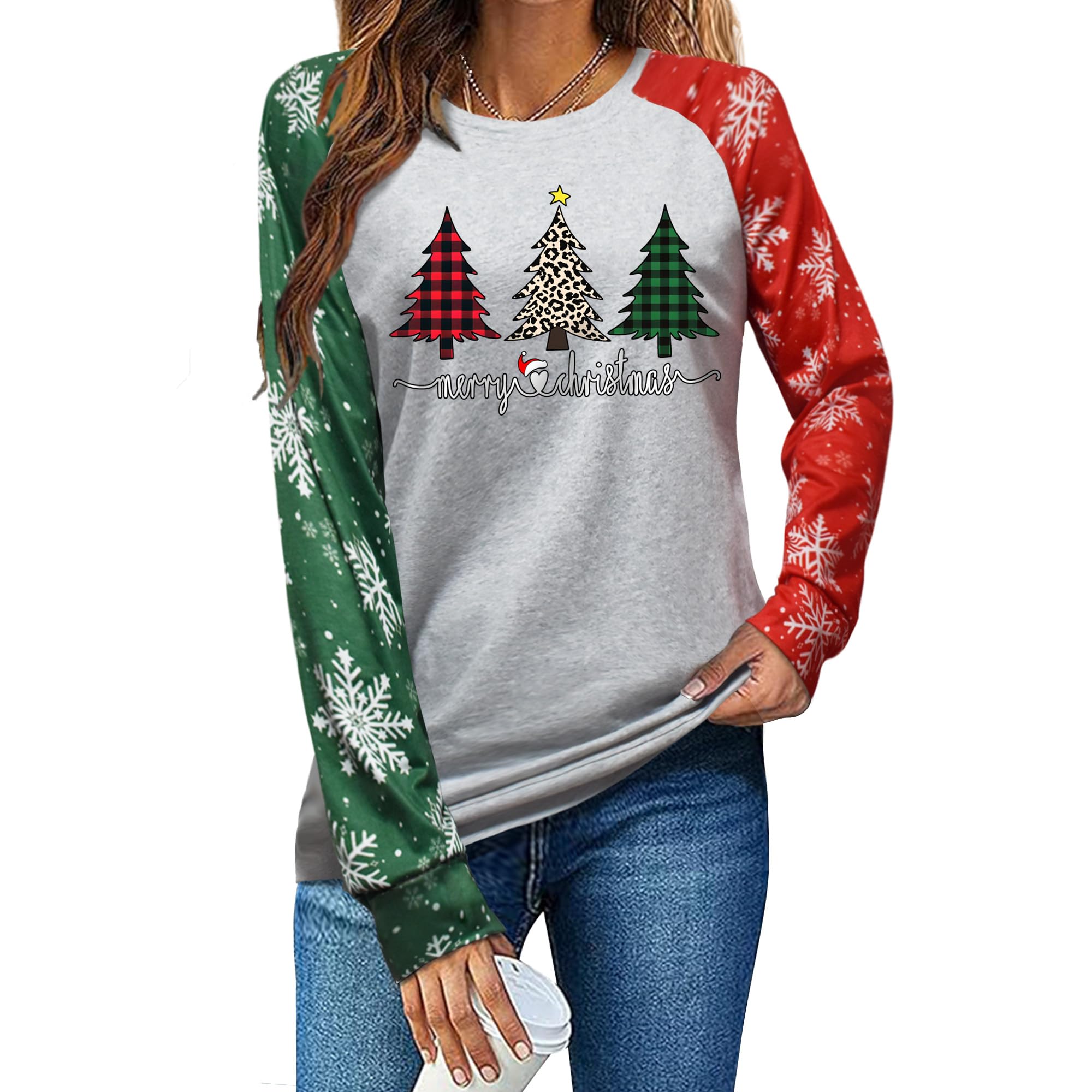 Photo 1 of ***HAS A RED STAIN***** ADIAOA Christmas Shirts for Women:Fashion Color-Blocking Creativity Botany Cartoon Long-Sleeve Higher Quality Printed Shirt xlarge