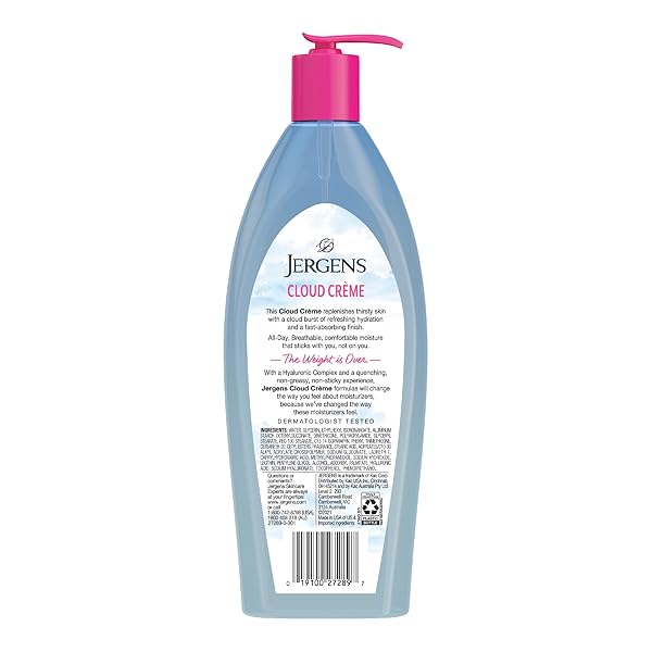 JERGENS CLOUD CREME BREATHABLE BODY LOTION, FAST-ABSORBING HYDRATING MOISTURIZER, PARABEN-FREE, WITH HYALURONIC COMPLEX, NON-GREASY APPLICATION, 13 OZ,WHITE
