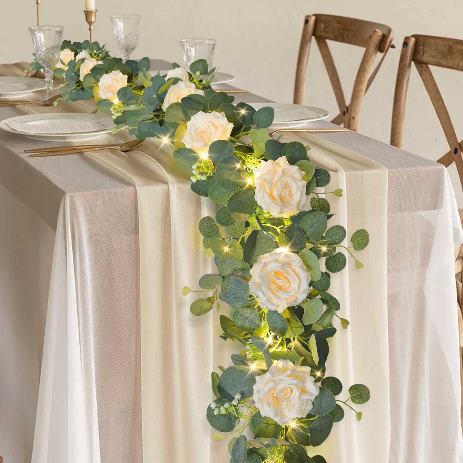 Photo 1 of MACTING 6.6FT Flower Garland with Lights - Spring Gypsophila Eucalyptus Garland with 12 Champagne Roses Artificial Floral Greenery Vine for Arch Table Centerpieces Backdrop Party Home Wedding Decor