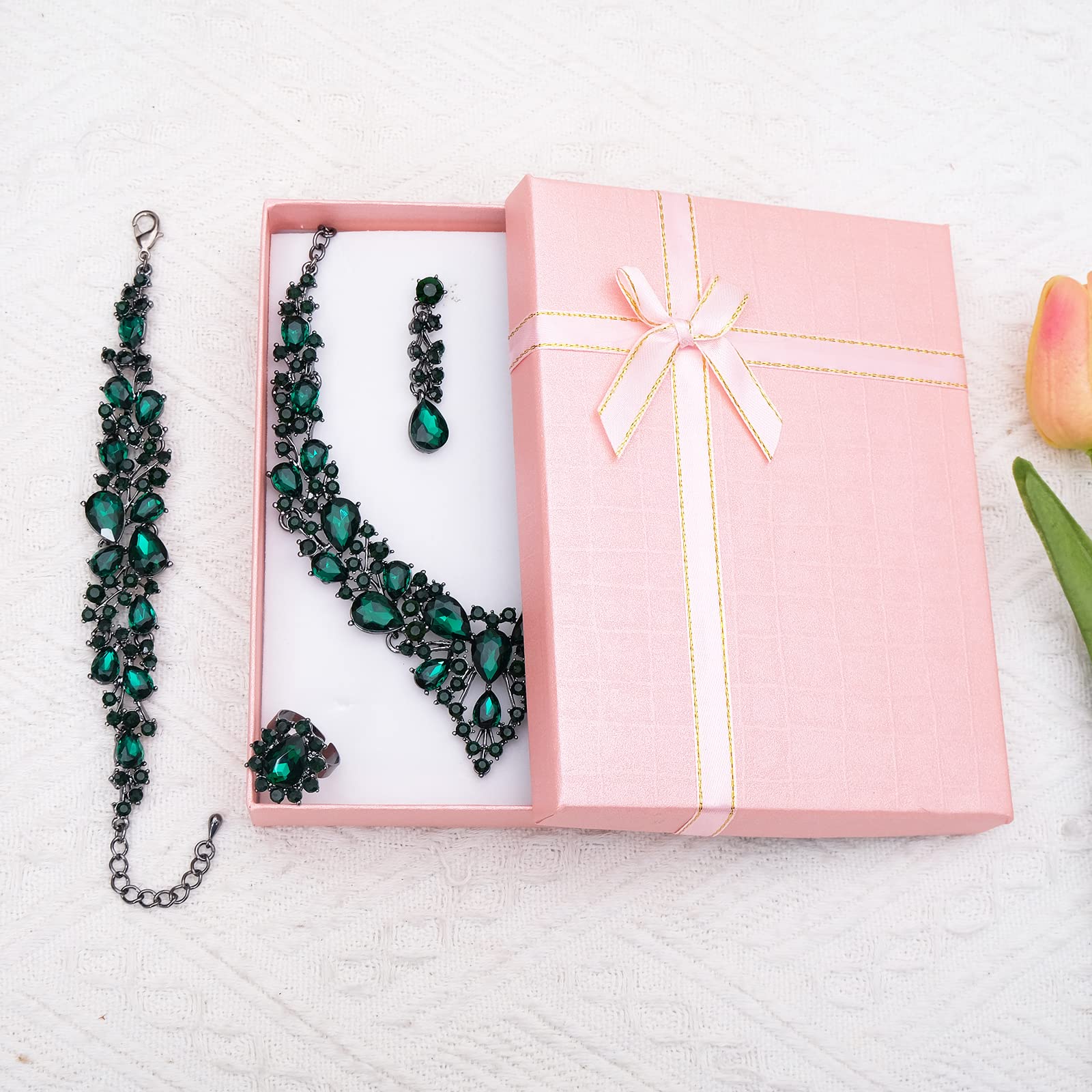 CSY 4 Pcs/Set Austrian Crystal Necklace Earrings Bracelet Ring Bridal Jewelry Sets for Brides Wedding Party Costume Accessories Gifts for Women