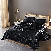 Holawakaka Solid Satin Silk Like Quilt Set Luxury Ultra Soft Silky Comforter Pillowcase Queen Size Bedding Set (Black)