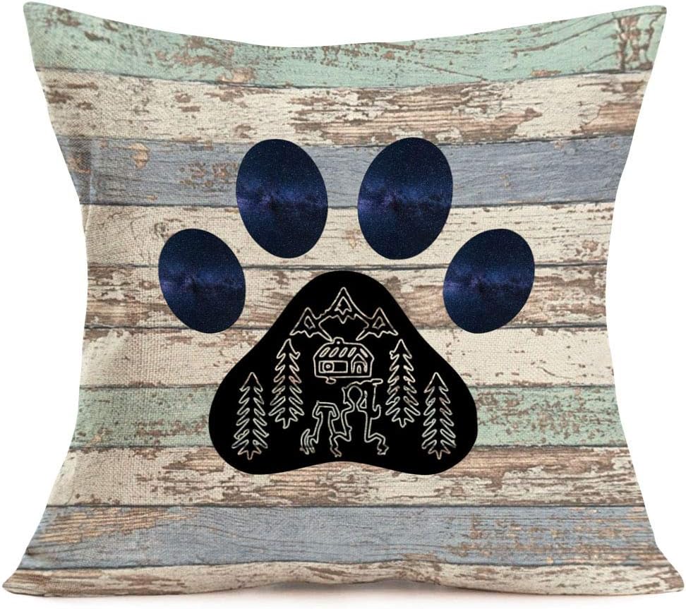 Fukeen Throw Pillow Covers Paw Print with Mountain Tree Pillow Cases Wood Background Happy Camper Home Outdoor Travel Decor Cotton Linen Cushion Cover 18x18 Inches Square