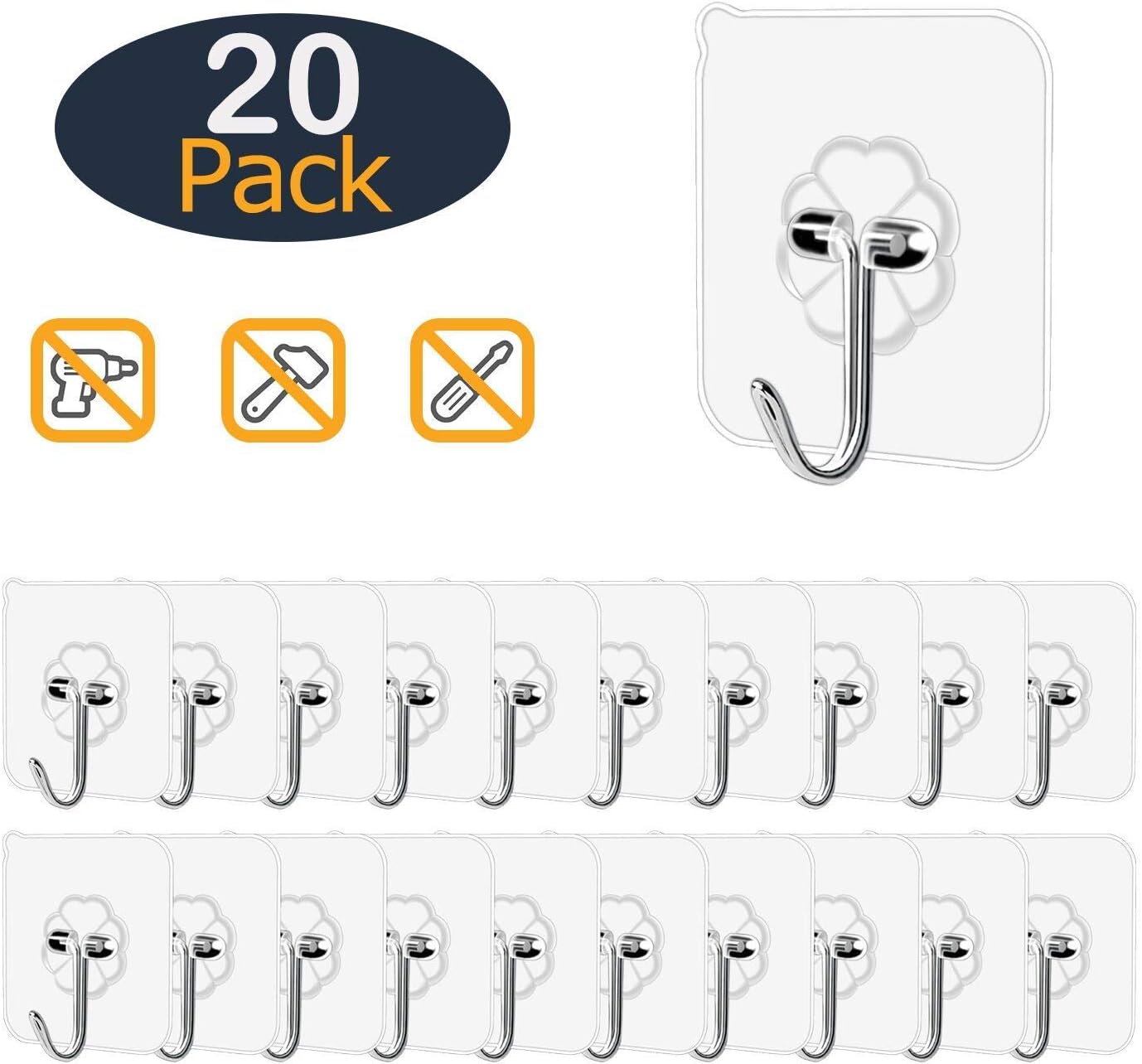 Wall Hooks 13lb(Max) Transparent Reusable Seamless Hooks,Waterproof and Oilproof,Bathroom Kitchen Heavy Duty Self Adhesive Hooks,20 Pack