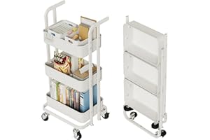 Merapi Mini 3 Tier Foldable Rolling Cart, Metal Utility Cart with Wheels, 3 Hanging Cups and 6 Hooks, Folding Trolley for Living Room, Kitchen, Bathroom, Bedroom and Office, White-Small