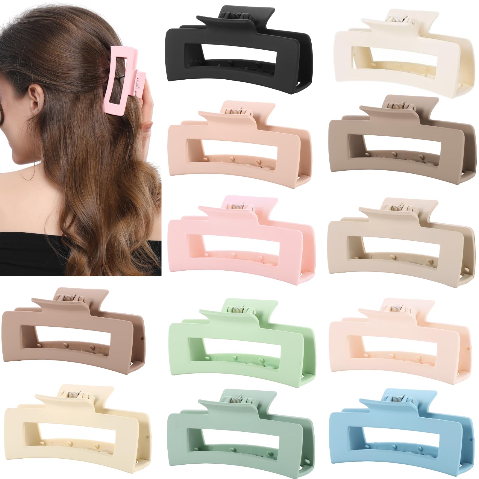 Photo 1 of 12 Pcs Pastel Square Hair Claw Clips for Women – Large 4.3" Matte Claws for Thick & Thin Hair, Cute Bulk Set for Girls, Coquette & Aesthetic Style