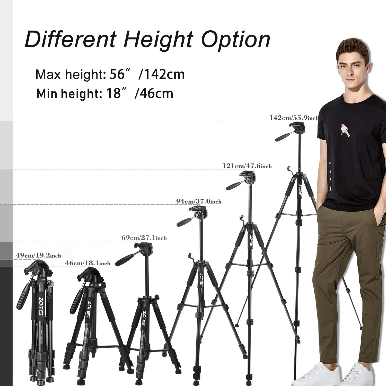 ZoMei Z666 Portable Travel Camera Tripod Lightweight 3-Level Height Adjustable Aluminum Tripod for DSLR SLR Nikon Sony Canon DV Video with Carrying Bag(Black)