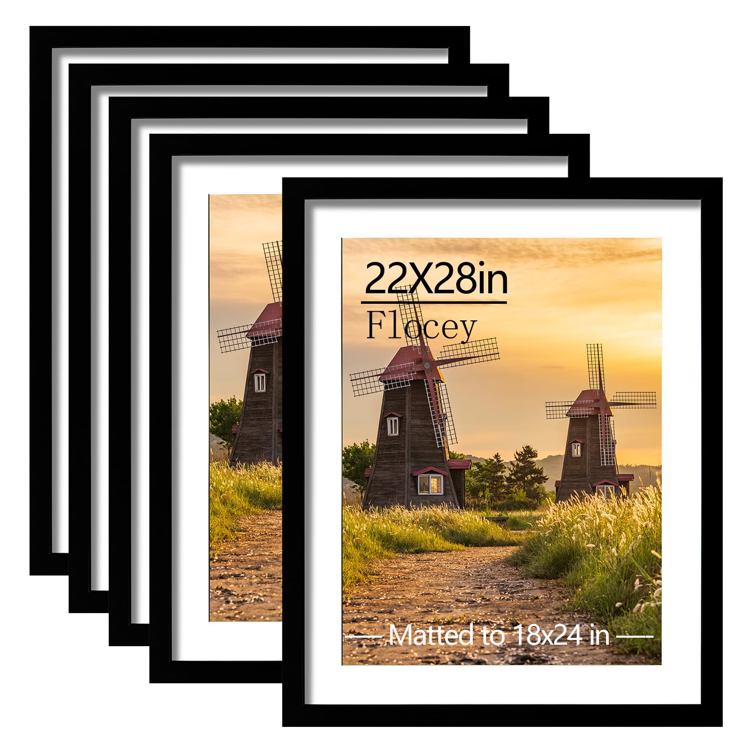 Photo 1 of 22x28 Picture Frame Set of 5, Black Poster Frame, Display Pictures 18 x 24 with Mat or 22 x 28 Without Mat for Horizontal or Vertical Wall Mounting, Wall Gallery Frame