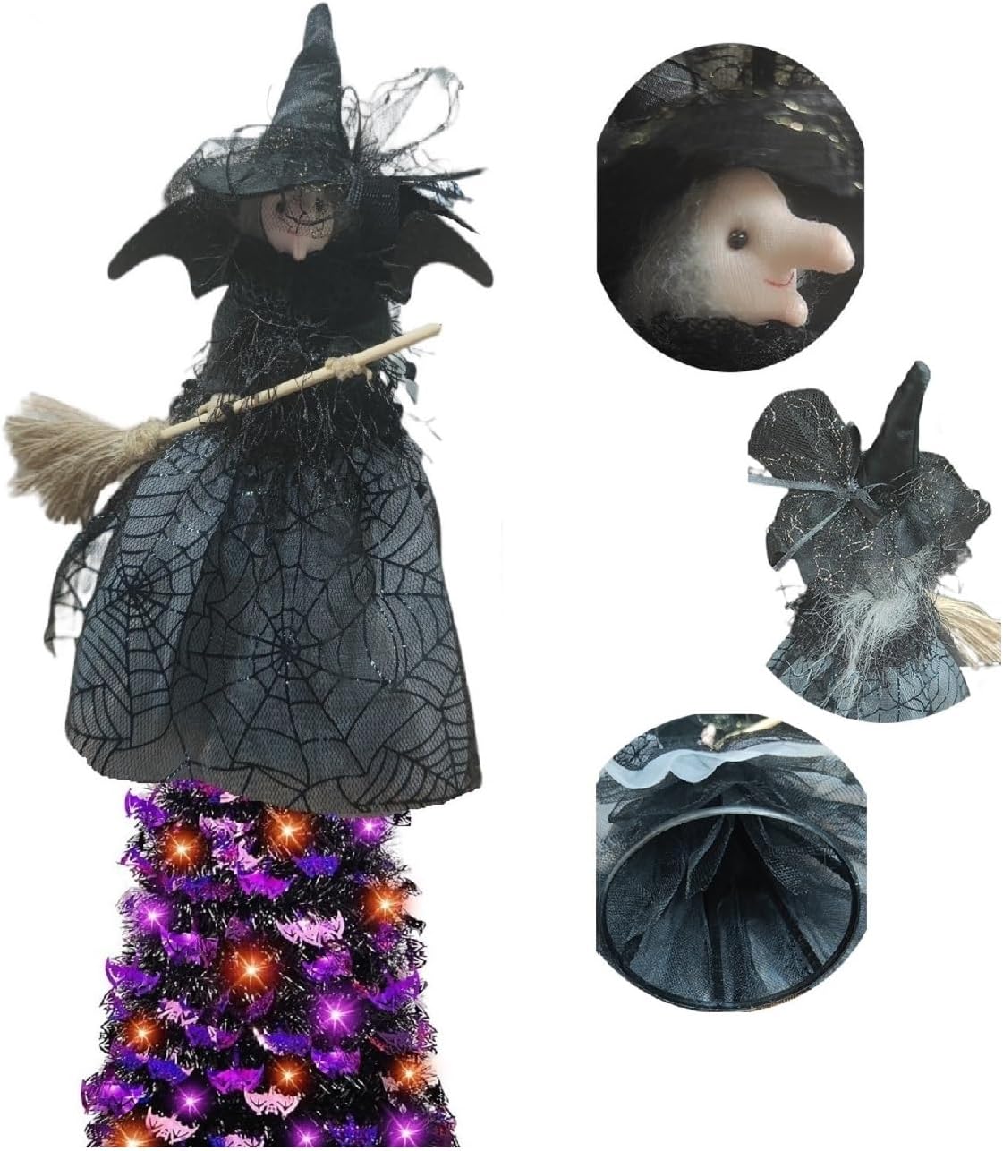 Tree Toppers - 2023 Halloween Decoration Witch Doll Tree Topper Hanging Decorations Kitchen Witch Doll, Crashing Witch into Tree, Black Witch with Spider Web Dress, Christmas Tree Toppers Collectible Dolls-Black